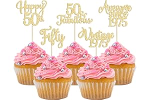 EPHLYN 30Pcs Vintage 1975 Cupcake Toppers Glitter Fifty Happy 50th Birthday 50 Fabulous Cupcake Picks Cheers to 50 Years for 50th Birthday Wedding Anniversary Party Cake Decorations Supplies Gold
