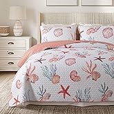 Soul & Lane Coastal Quilt Set - Twin and 1 Sham, Quilted Coastal Bedspread with Beach Theme, Ocean Bedding Set, Summer Nautical Quilt, Beachy Comforter with Tropical Motif, Seaside Treasures