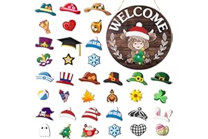 VICENPAL 35 Pcs Christmas Interchangeable Highland Cow Welcome Sign Highland Cow Seasonal Wooden Hanging Door Decor Thanksgiving Farmhouse Hanging Sign for Front Door Xmas Party Decoration Gift
