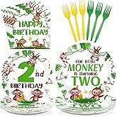 Greencian 96Pcs Monkey 2nd Birthday Decorations Jungle Wild Animal Plates and Napkins Monkey Theme Disposable Paper Tableware Set for Boys Girls Two Years Old Birthday Party Supplies Serves 24