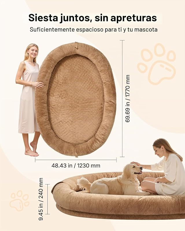 Cama para Perros de Diseño Ovalado, Tamaño Humano, 177 x 123 x 24 cm, Ortopédica, de Espuma Viscoelástica, con Bolsillo Lateral, Asa y Cremallera, Funda Extraíble y Lavable a Máquina, Marrón