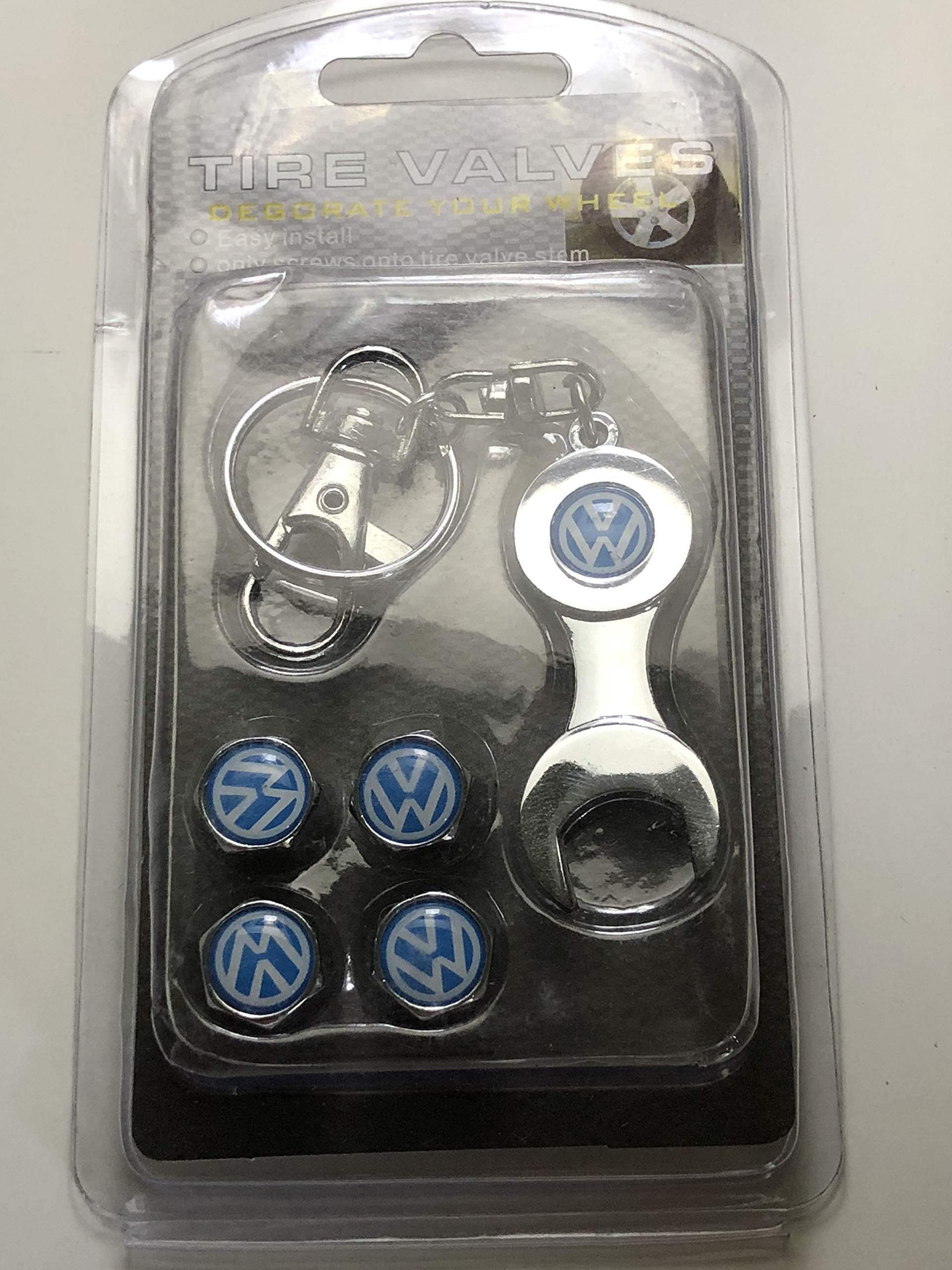 ECOMGEAR(TM) Car Logo Tire Valve Caps 4pcs and Wrench Key Chain for VW