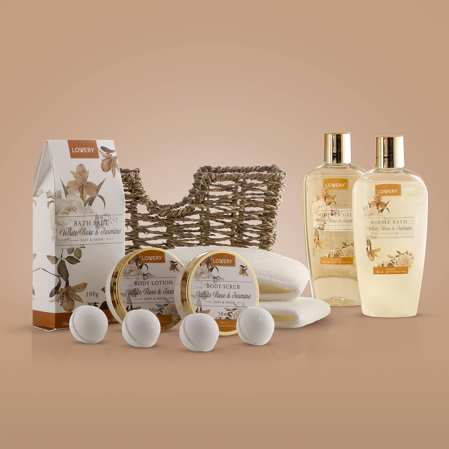 Home Spa Gift Basket - White Rose & Jasmine - Luxury 11 Piece Bath & Body Set for Women, Christmas Gift with Shower Gel, Bubble Bath, Body Lotion, Scrub, Bath Salt, 4 Bath Bombs, Loofah & Basket : Beauty