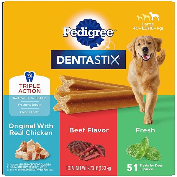 PEDIGREE DENTASTIX LARGE DOG DENTAL CARE TREATS ORIGINAL, BEEF & FRESH VARIETY PACK, 2.73 LB.PACK (51 TREATS)