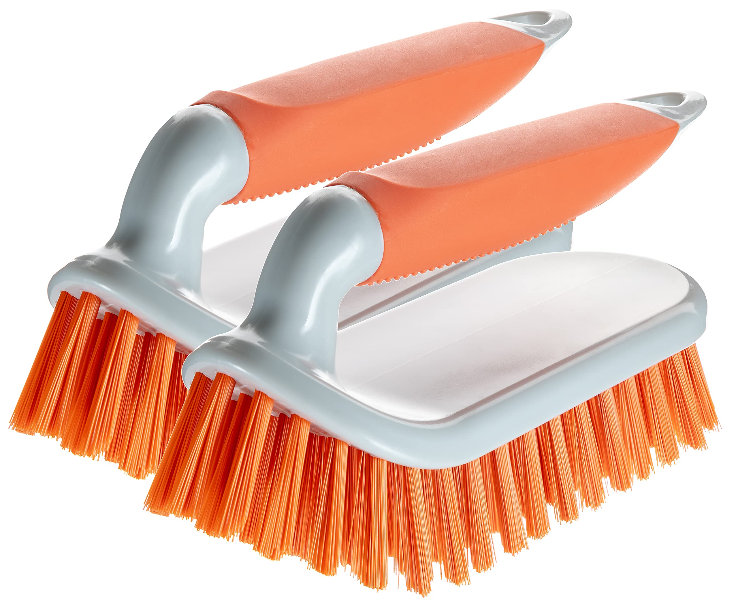NCaan 2pk Deluxe Hand Scrubbing Brush Heavy Duty with Stiff Bristles & Non-Slip Soft Grip Handle-Household Cleaning Brush for Indoor & Outdoor, Bathroom, Kitchen, Carpet, Floor, Bath, Car (Orange, 2)