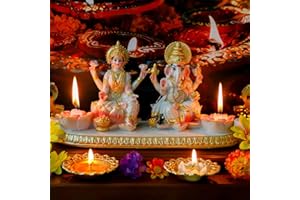 ALIKIKI Ganesha Laxmi Statue Indian God - 5.3”H Marble Finish Indian Idol Lakshmi Ganesh Statue w/LED Diyas Diwali Gifts Diwali Decor Home Office Puja Item Hindu Altar Mandir Temple Pooja Murti