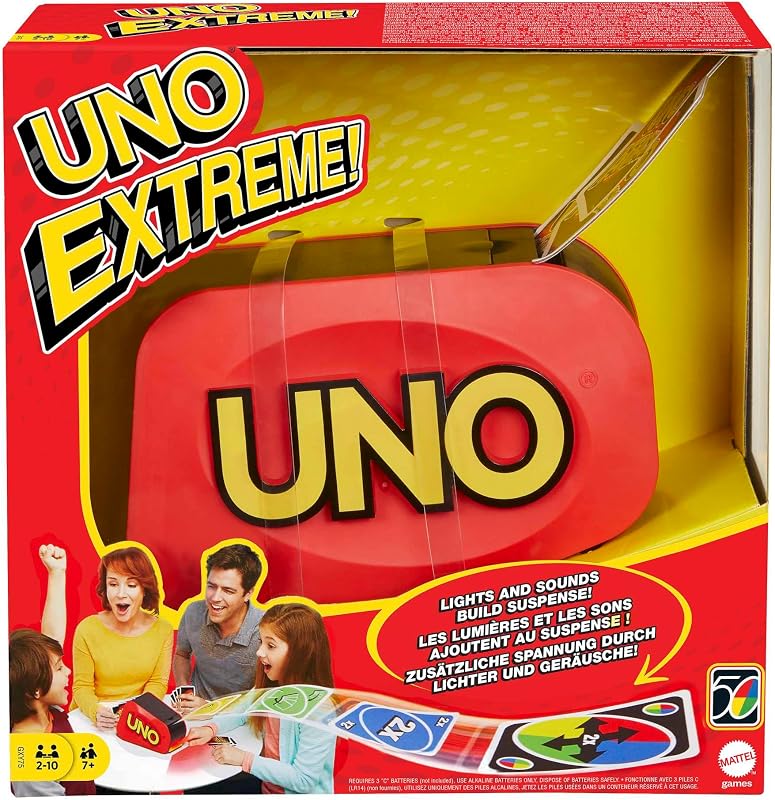 Mattel games uno extreme - jogo de cartas familiar com lançador - com luz e som - 112 cartas - 2 a 10 jogadores - presente para crianças a partir de 7 anos e adultos, gxy75