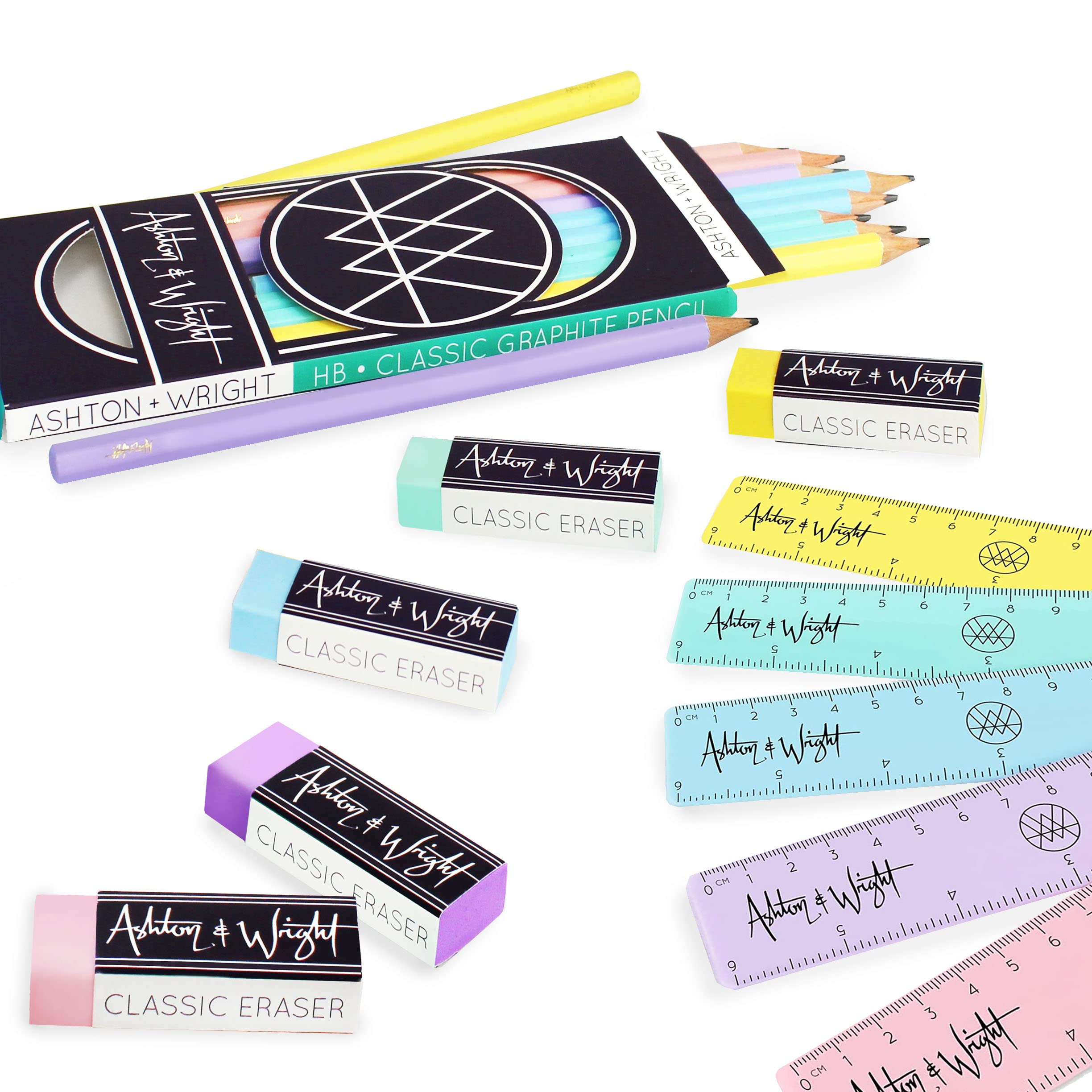 Ashton and Wright - Classic HB Pencils, 15cm Rulers, Erasers - Pastel Stationery Set of 20