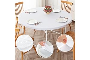 ManMengJi Round Fitted Tablecloth 2 Pack, Reversible Tablecloth with Elastic Edged, Waterproof Stain Resistant Table Cover for Outdoor/Indoor Use, Fits Round Tables up to 32" - 36" Diameter, White