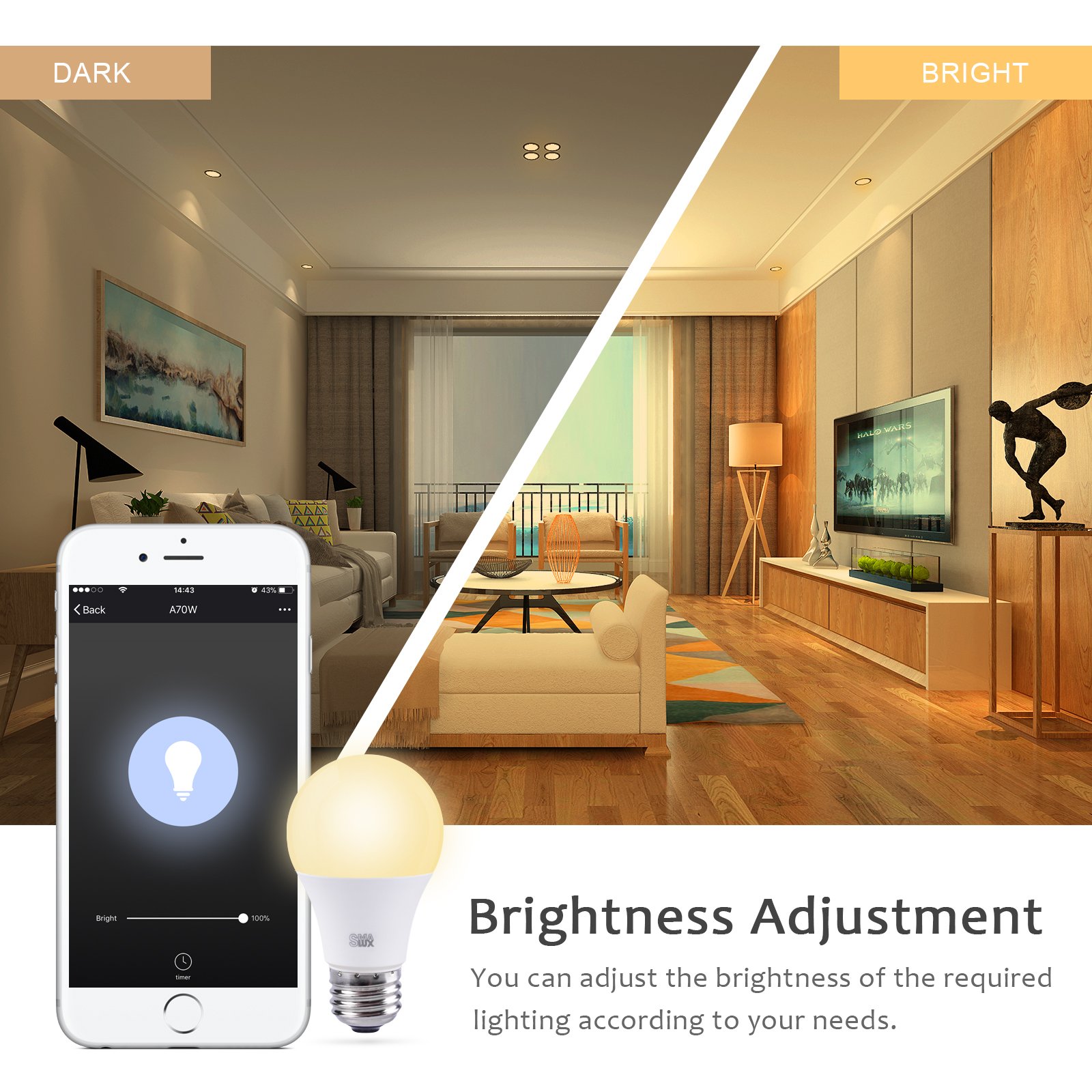 Smart LED Light Bulb, Smalux WiFi Warm White 800lm Dimmable Smart Home Lighting Bulb, 9W A19 E26 Voice/Remote Control Bulb,Timer Function,Works with Amazon Alexa/Google Assistant/IFTTT