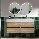 CITTANEO 48" Floating Bathroom Vanity with Double Sink Combo, Rough Oak | Fluted Floating Double Sink Bathroom Vanity with White Engineered Stone Tops &amp; Soft-Closing Drawers
