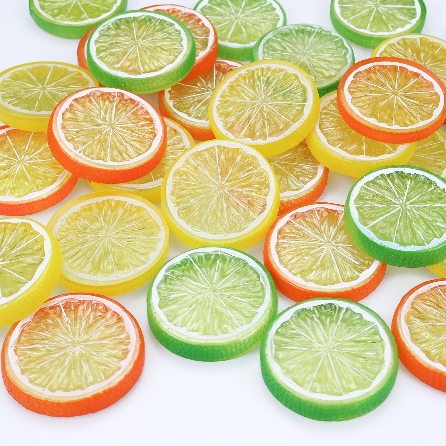Lorigun 30pcs Fake Lemon Slice Garnish Artificial Fruit Faux Food House Decoration(Red Green Yellow,Each Color 10Pcs)