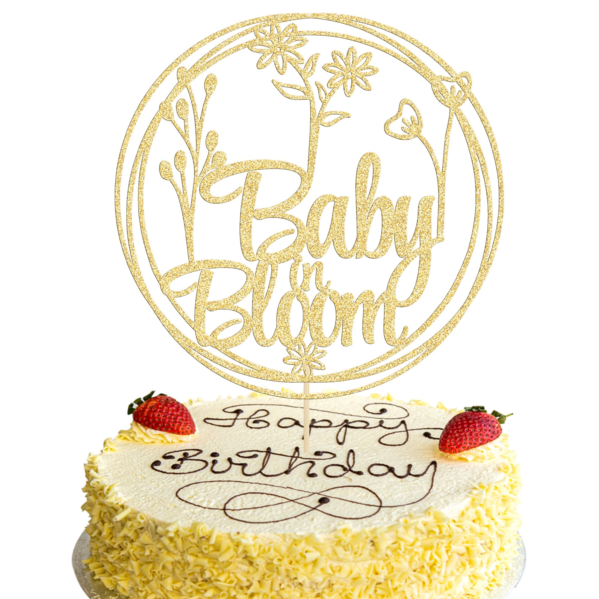 Photo 1 of Gyufise 1Pcs Baby in Bloom Cake Topper Glitter Flower Theme Baby Shower Cake Pick Decorations Floral Baby Shower Gender Reveal Party Decorations Supplies Gold
