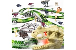 Locomoto 241Pcs Dinosaur Track Toys for 3 4 5 6 7 8 9+ Year Old Boys Girls, 2 Electric Jeeps & 8 Dino, Upgraded Dinosaur Skull Tunnel with Smoke, Light & Sound, Flexible Race Tracks for Kids Toddlers