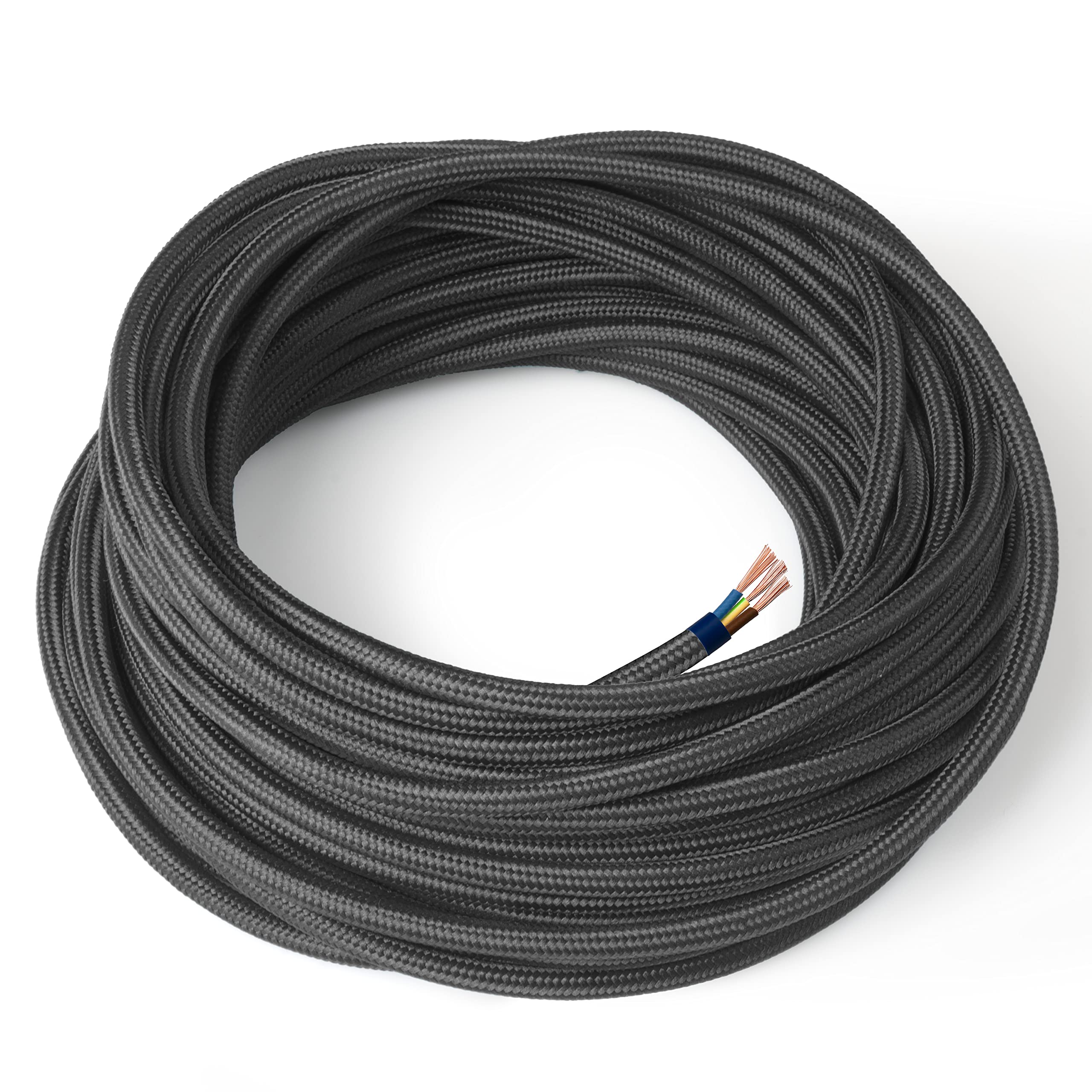 Amarcords - Textile electric cable color DARK GRAY, round, silk, 5 meters, grounded 3x0,75mm - Wire coated in colored vintage fabric chandelier lamp sconces and lampshades.