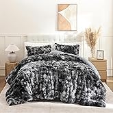 YIKUSH Tie-dye Grey Comforter Set King - Luxurious Faux Fur Comforter for Winter, Fluffy Comforter Queen Set with 2 Pillowcases, Soft Warm Tie-dye Grey Bedding Set