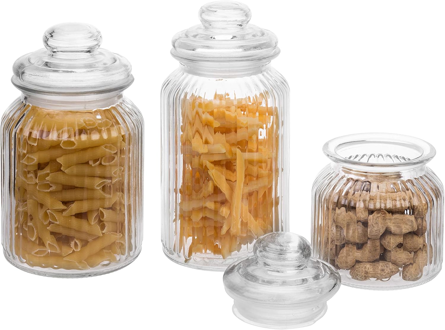 MyGift 22oz / 32oz / 44oz Vintage Ribbed Glass Apothecary Jars, Storage Canisters with Airtight Lids, Set of 3: Home & Kitchen