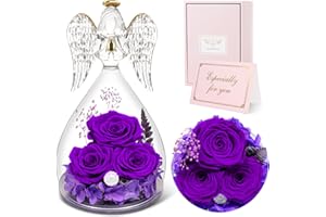 Sunia Preserved Flowers Rose Gifts for Mom, Birthday Gifts for Grandma, Purple Gifts for Women, Glass Angel Figurines with Three Real Roses, Fresh Flowers Gifts for Christmas Mother's Day