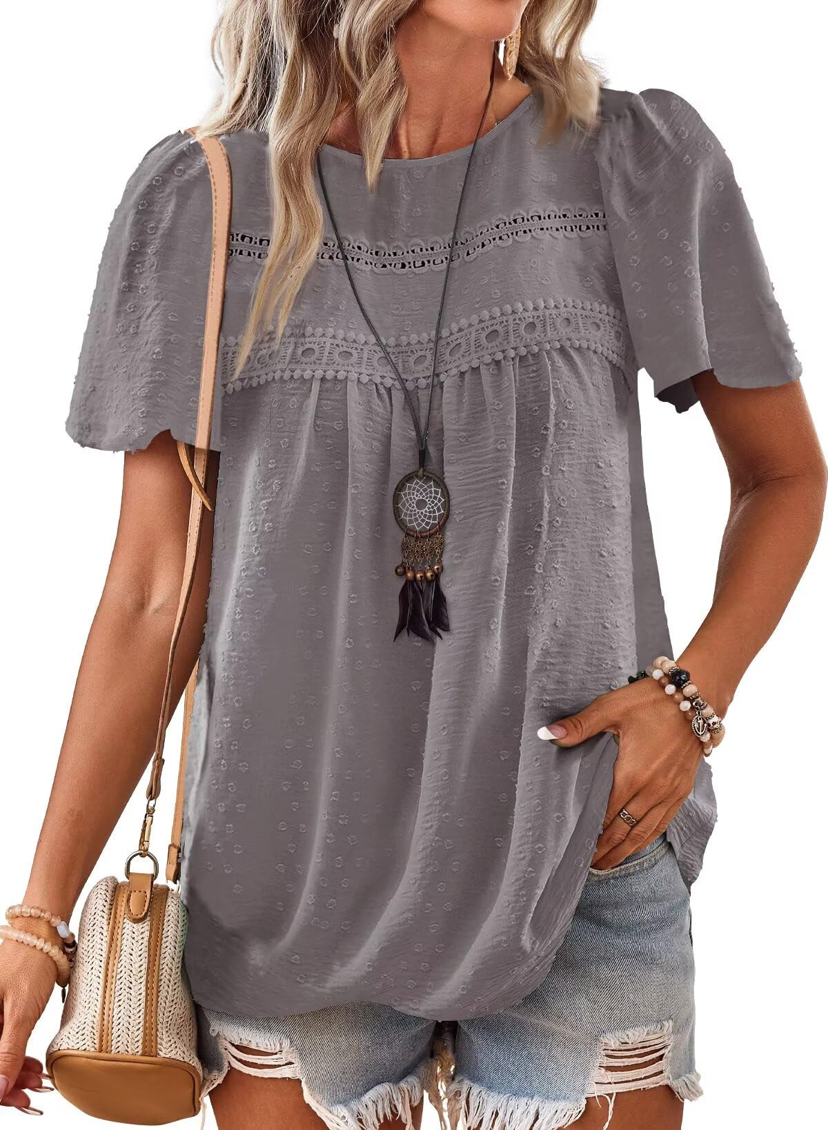 Falechay Summer Tops for Women Short Sleeve Swiss Dots Pom Pom Chiffon Babydoll Work Blouse Flowy Boho Round Neck Lace Dark Grey XS Image