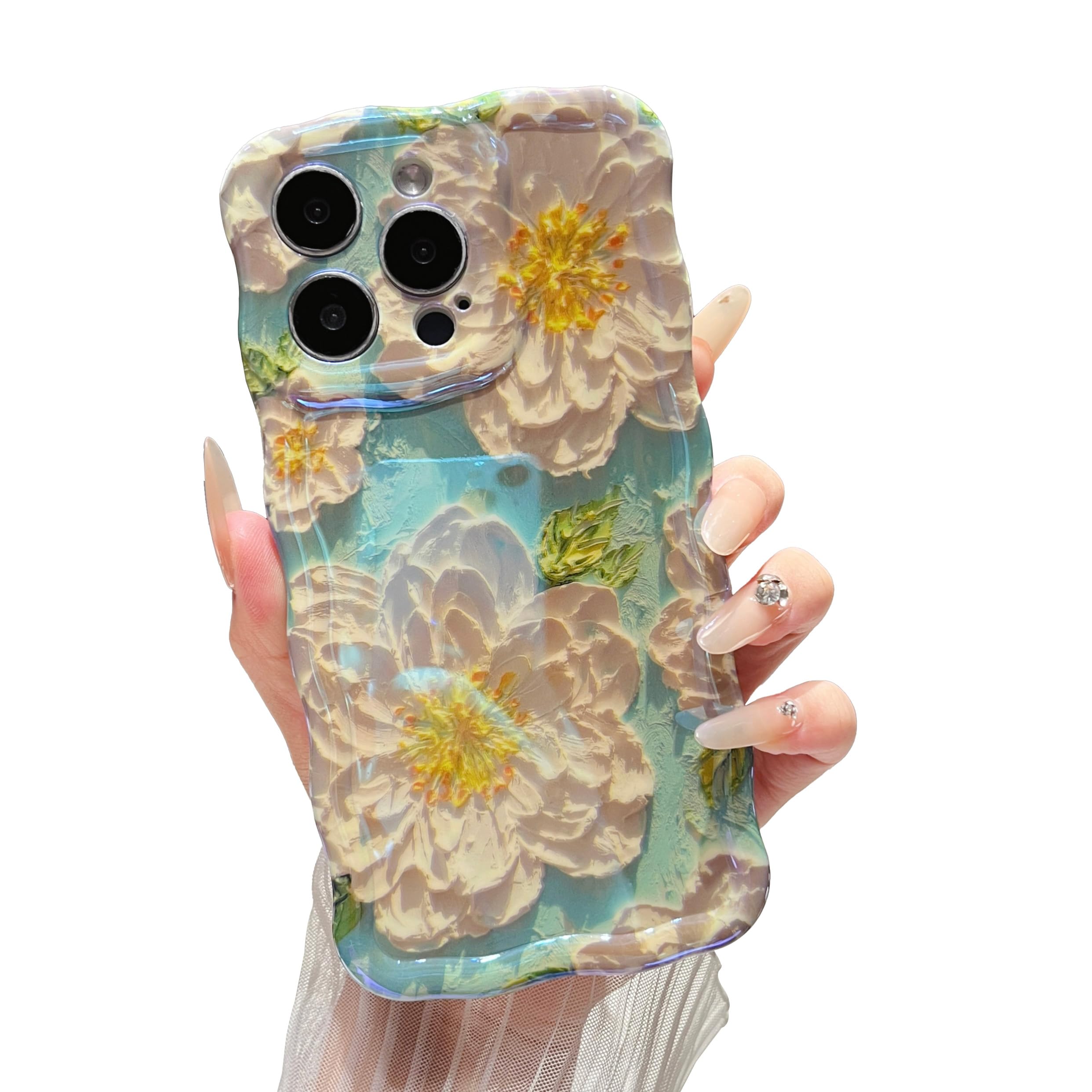 XIZYO Colorful Retro Oil Painting Flower Case for iPhone 14 Pro Max, Curly Wave Frame Laser Glossy Cute Floral Aesthetic Phone Case, Girls Women Slim Soft TPU Shockproof Cover, White Flower/Blue