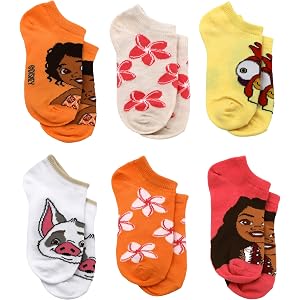 Disney Moana Socks for Girls, 6 Pack No Show Princess Socks for Girls, Shoe Size 10-4