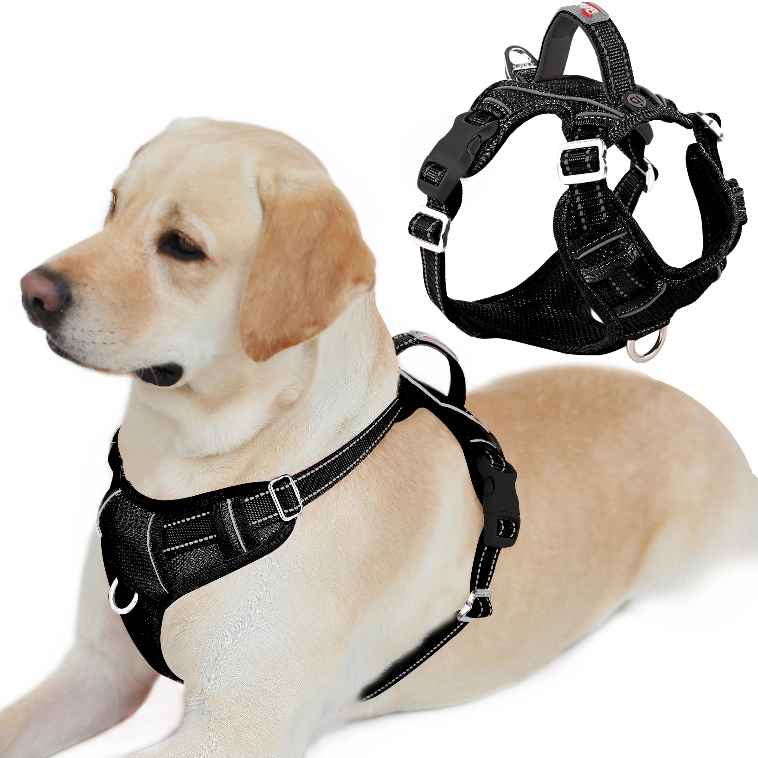 BARKBAY No Pull Dog Harness Front Clip Heavy Duty Reflective Easy Control Handle for Large Dog Walking with ID tag Pocket(Black,L)