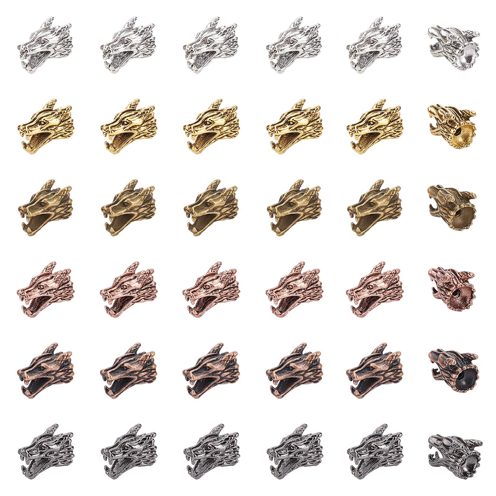 SUPERFINDINGS 36pcs 6 Colors Tibetan Alloy Dragon Head Beads 9x15x10mm Tibetan Spacer Beads for DIY Bracelets Necklaces Jewelry Making
