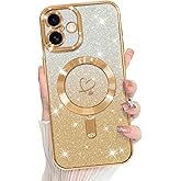 Bonoma Compatible with iPhone 16 Plus Case Support for MagSafe, Plating Heart Glitter Magnetic 2* Screen Protector TPU Camera Protection Back Cover for Girls Women -Gold