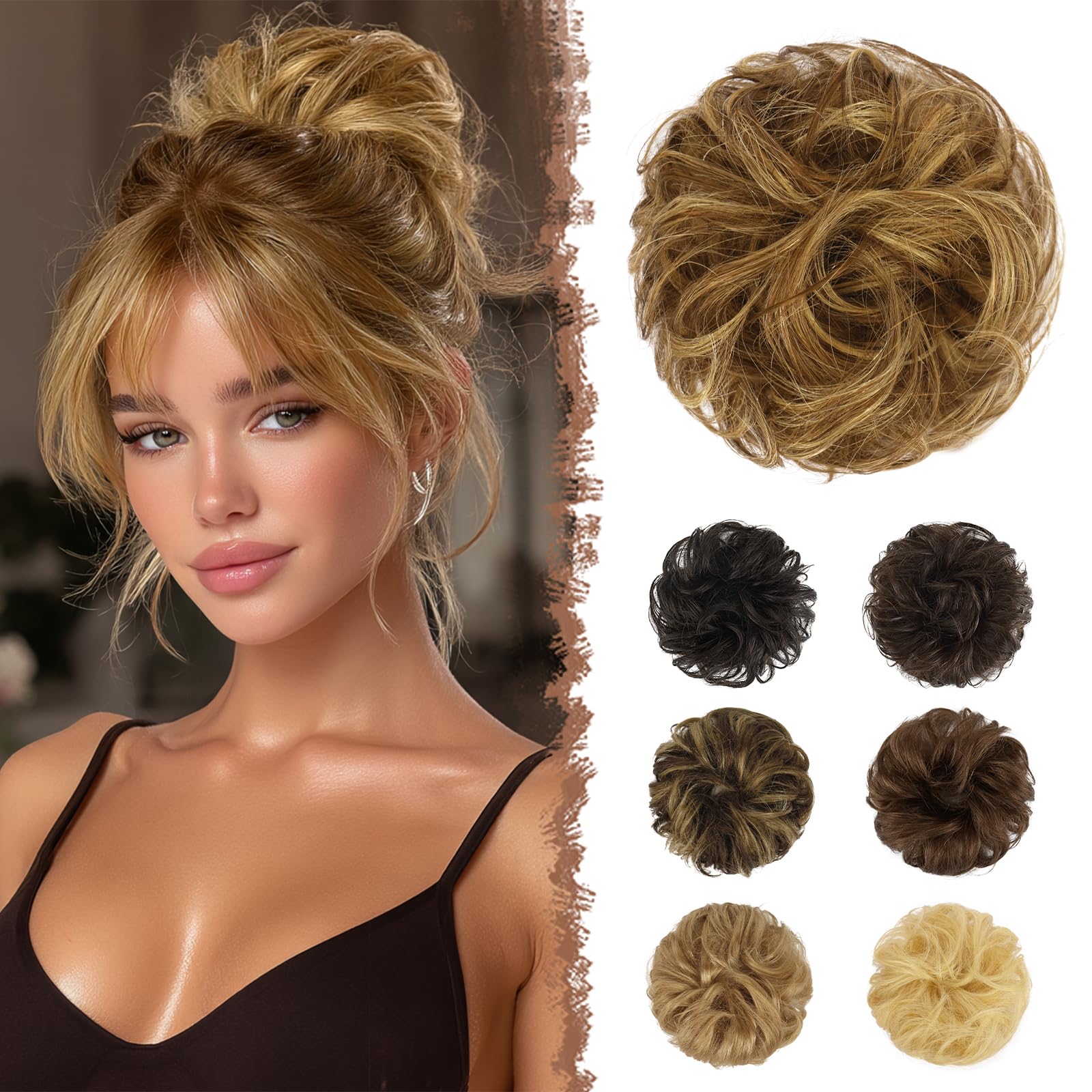 FESHFEN Human Hair Messy Buns, 100% Human Hair Bun Hair Piece Real Hair Extension Wavy Curly Hair Scrunchies Tousled Updo Chignon Hairpieces for Women Girls, Light Brown Mixed Blonde