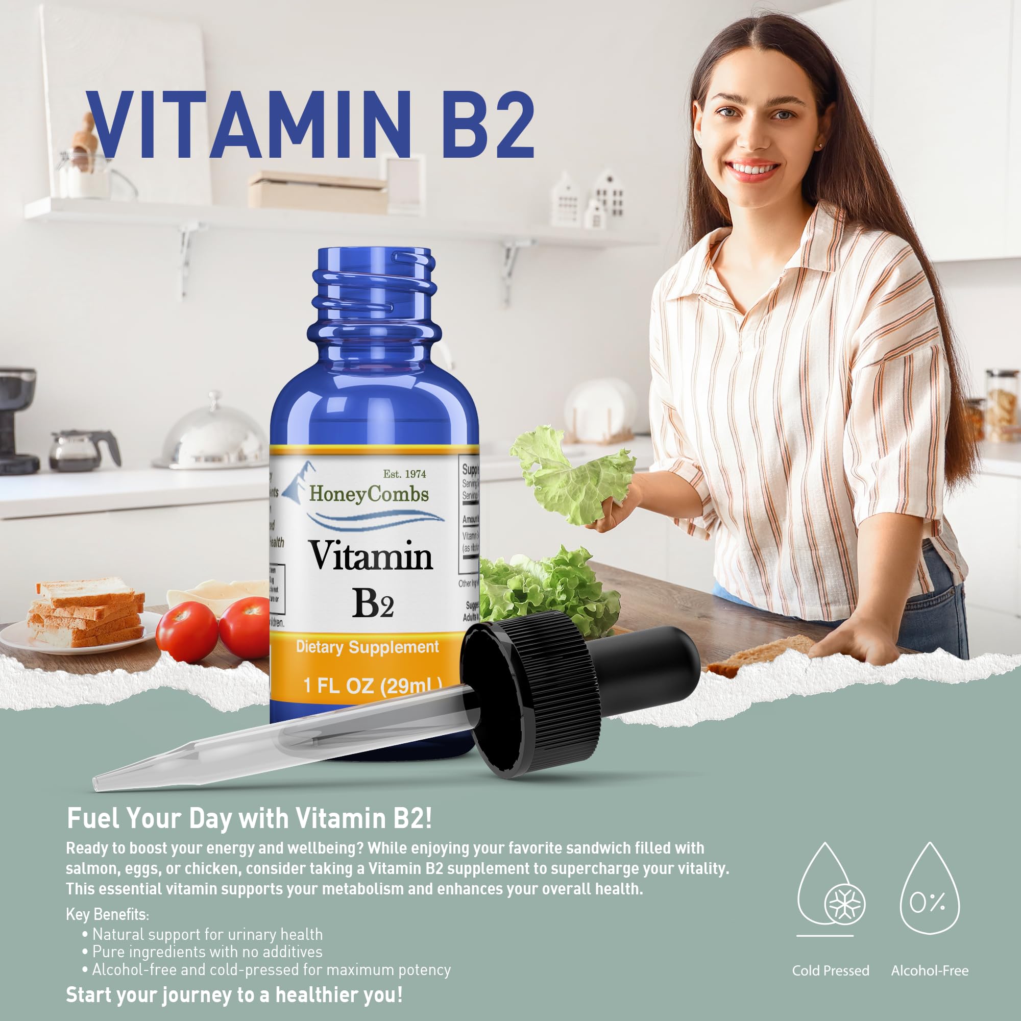 Vitamin B2 Riboflavin Liquid Drops - Made in The USA - Natural High Potency Fast Absorption Vitamin B2 for Men, Women & Children - Vegan Formula - Bulk Sizes Also Available