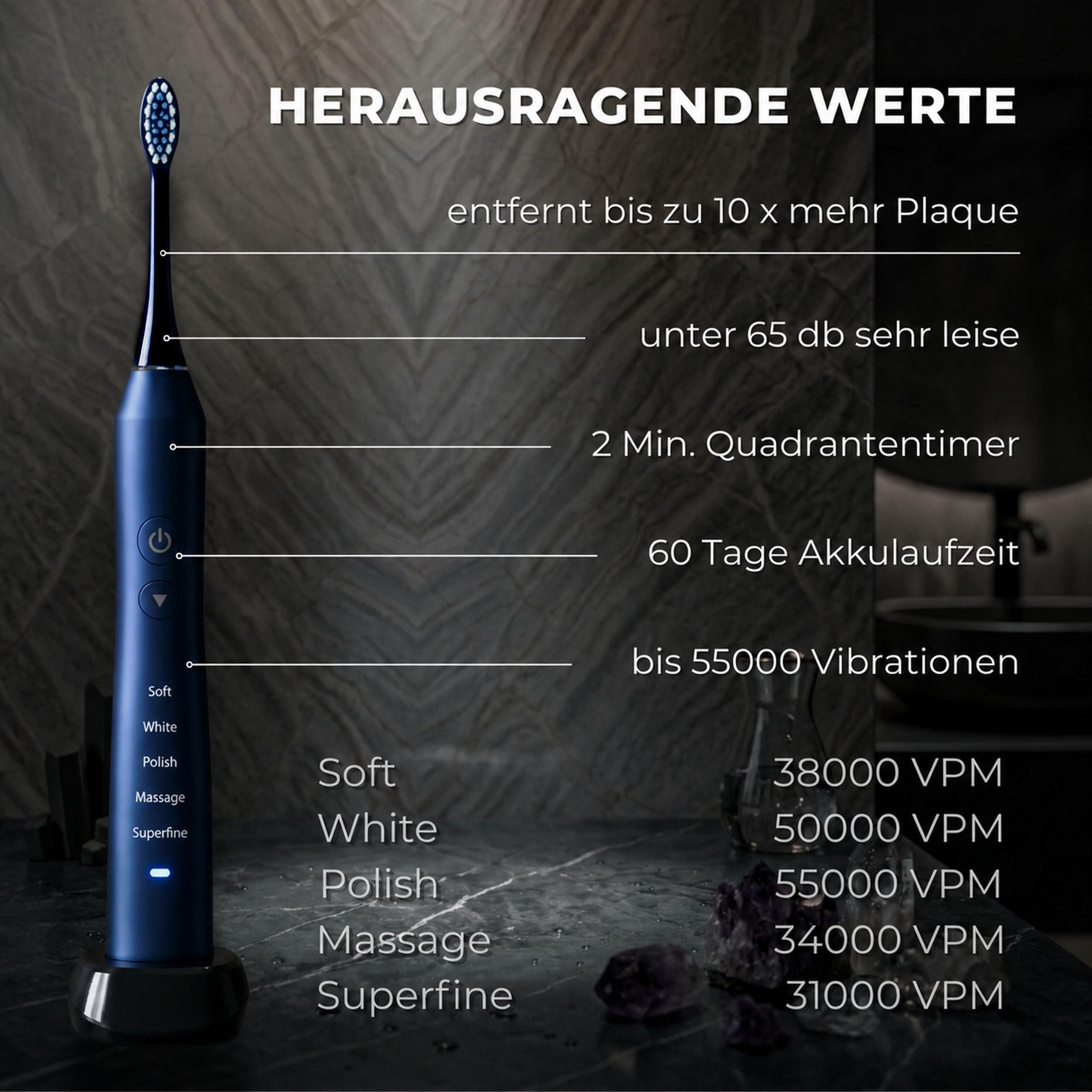 Tristan Auron Schallzahnbürste - Beste Reisezahnbürste 2025-100 Tage risikofrei testen - 55000 Elektrische Schwingungen 5 Programme 60 Tage Batterie mit UV Reiseetui 6 Aufsätze Business Class Blau 4