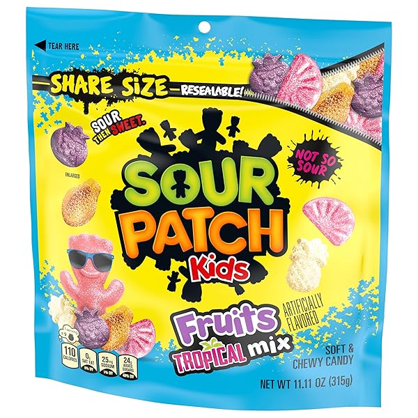SOUR PATCH KIDS FRUITS TROPICAL MIX SOFT & CHEWY CANDY, SHARE SIZE, 11.11 OZ
