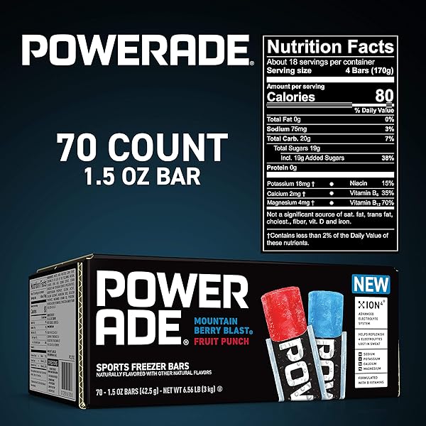 POWERADE SPORTS FREEZER BARS, 1.5 OZ, REFRESHING ICE POPS WITH ELECTROLYTES B VITAMINS, NATURALLY FLAVORED WITH OTHER NATURAL FLAVORS, MOUNTAIN BERRY BLAST AND FRUIT PUNCH, 70 COUNT