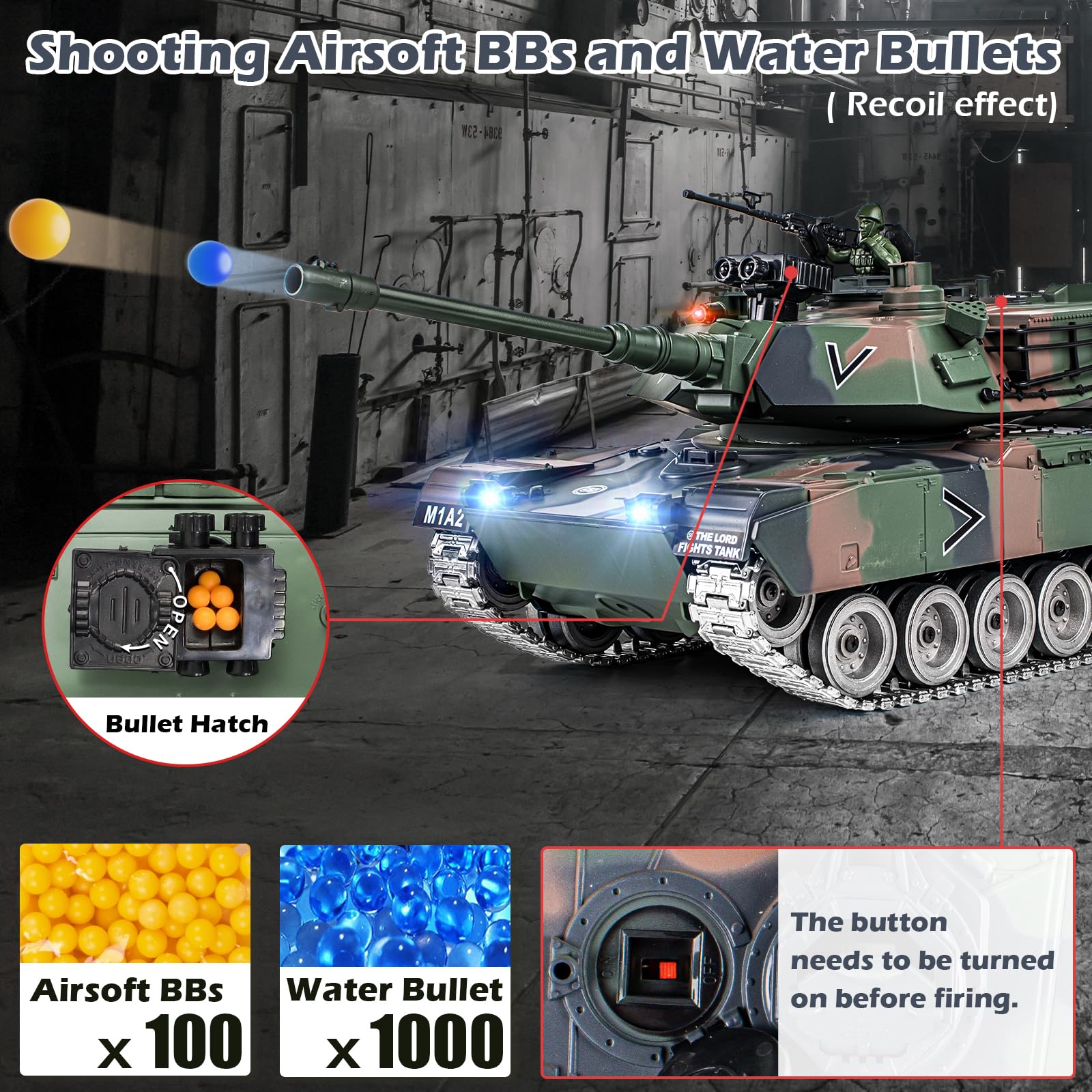 Supdex RC Tank, 1:18 Alloy Metal M1A2 Abrams Remote Control Model Army Toys, 2.4Ghz Military Tank with Smoke, Sound and Lights, RC Vehicle That Shoots BBS and Water Bombs for Adults and Kids