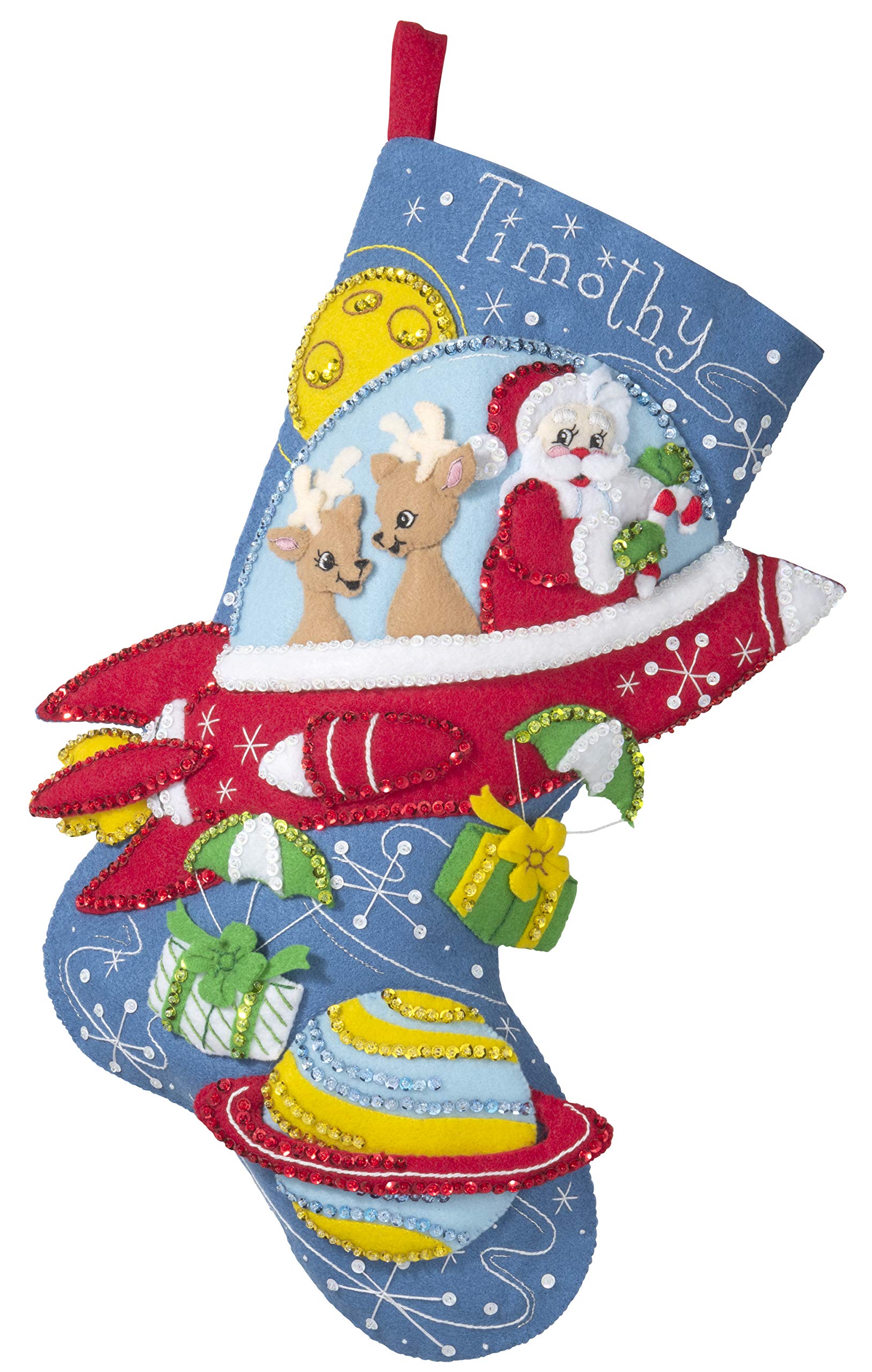 Bucilla 89237E Felt Applique Christmas Stocking Kit, Rocket Ship Santa, 18