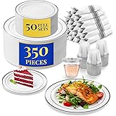 Reli. Plastic Plates for Party | 350 Pcs | White w/Silver Rim | Plates and Napkins Party Supplies | Disposable Dinnerware Set for 50 Guests |Dinner & Dessert Pack, Pre-Rolled Silver Cutlery Set, Cups