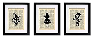Alice in Wonderland Tea Party - 3 Print Set - Vintage Dictionary Print 8x10 Home Vintage Art Abstract Prints Wall Art for Home Decor Wall Decorations For Living Room Bedroom Office Ready-to-Frame 3