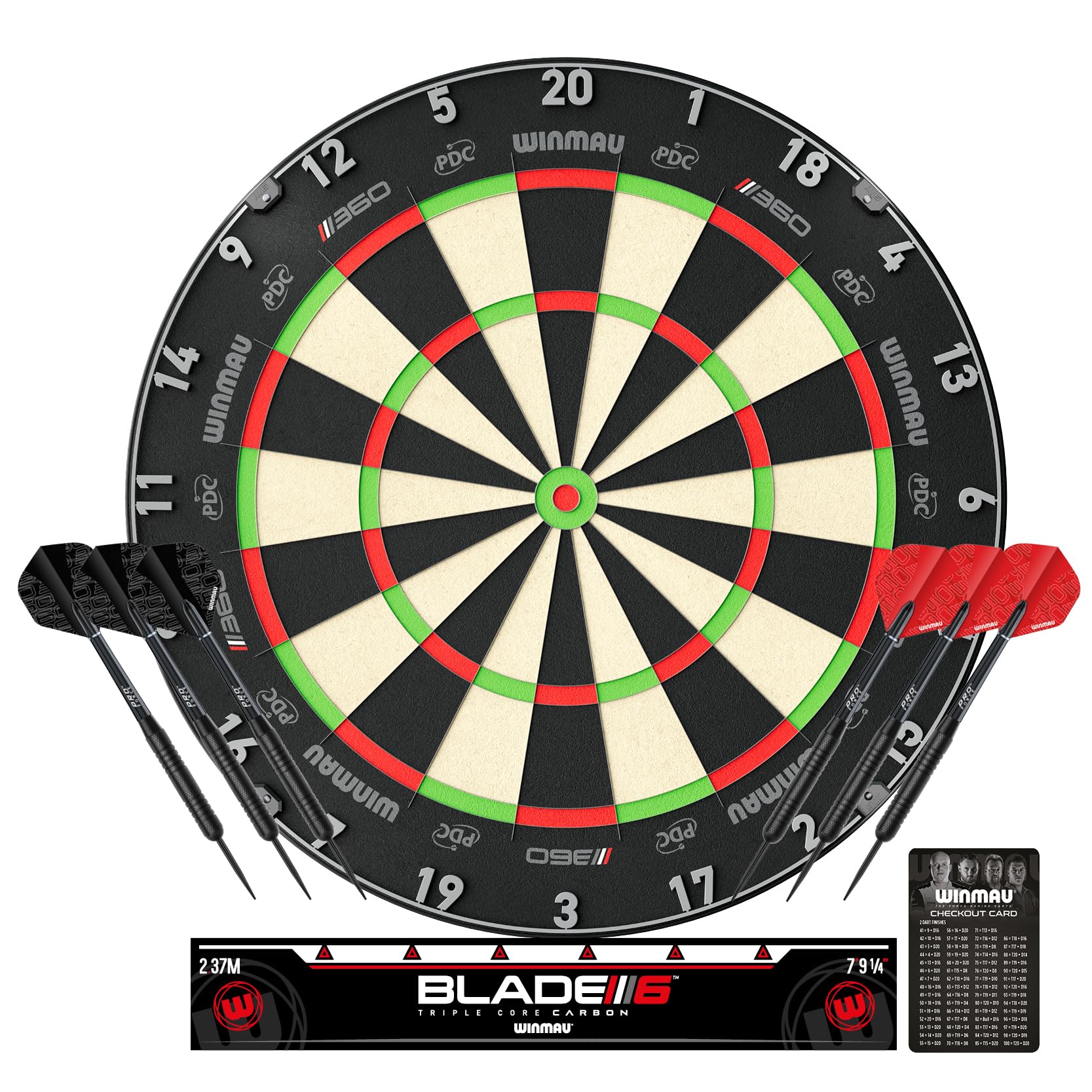 WINMAU Blade 360 Triple Core Carbon Dartscheiben Set – Professionelle Winmau Dartscheibe Steeldart aus Sisal mit Zwei 19 g Darts, schwarzen und roten Flights, Checkout Karte und Zubehör