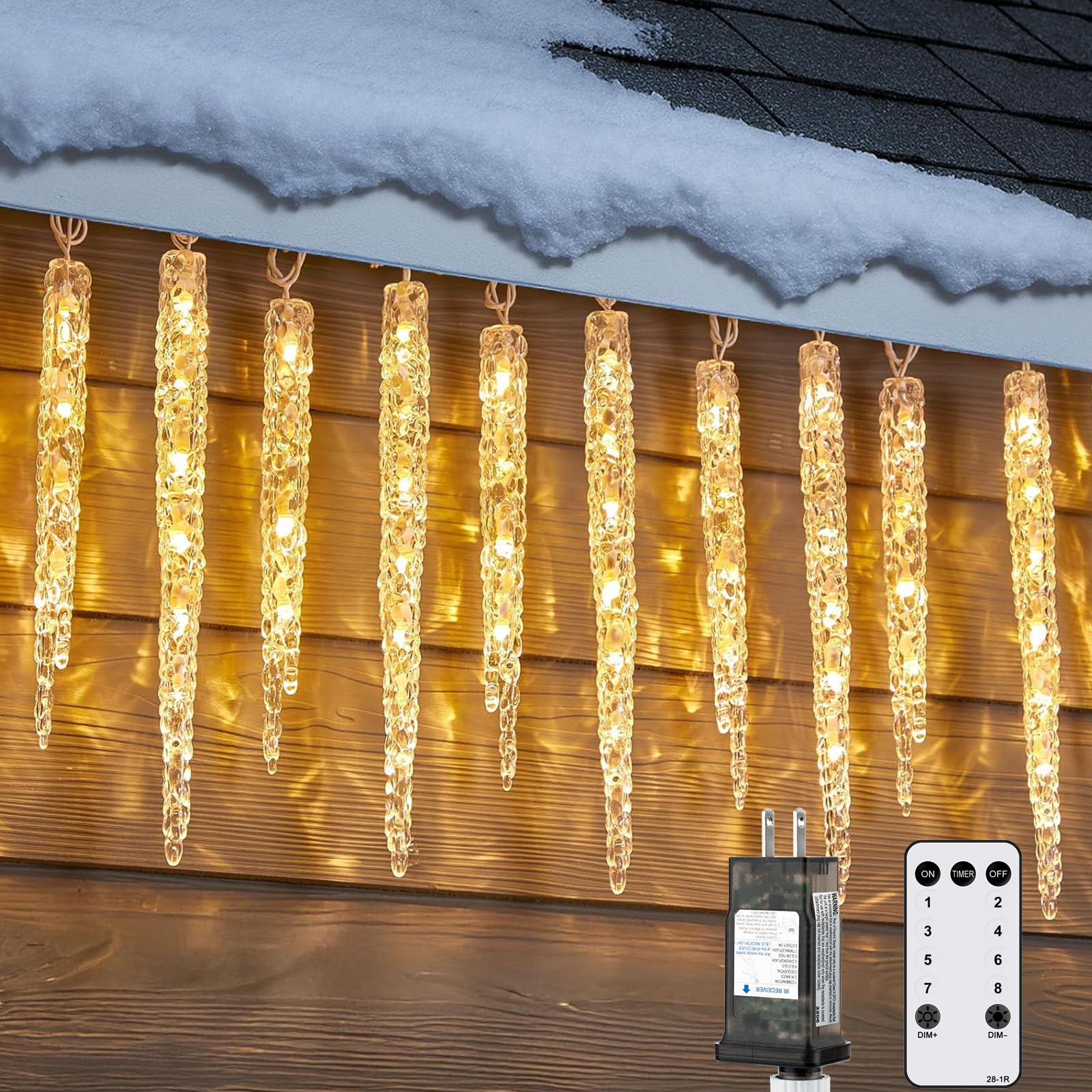 Photo 1 of Icicle Lights Outside with Remote, 2 Pack Total 60ft 60 Tubes 300 LED Ice Shape String Lights, Connectable Hanging Christmas Decoration Lights for Tree Patio Roof Holiday Decor, Warm White