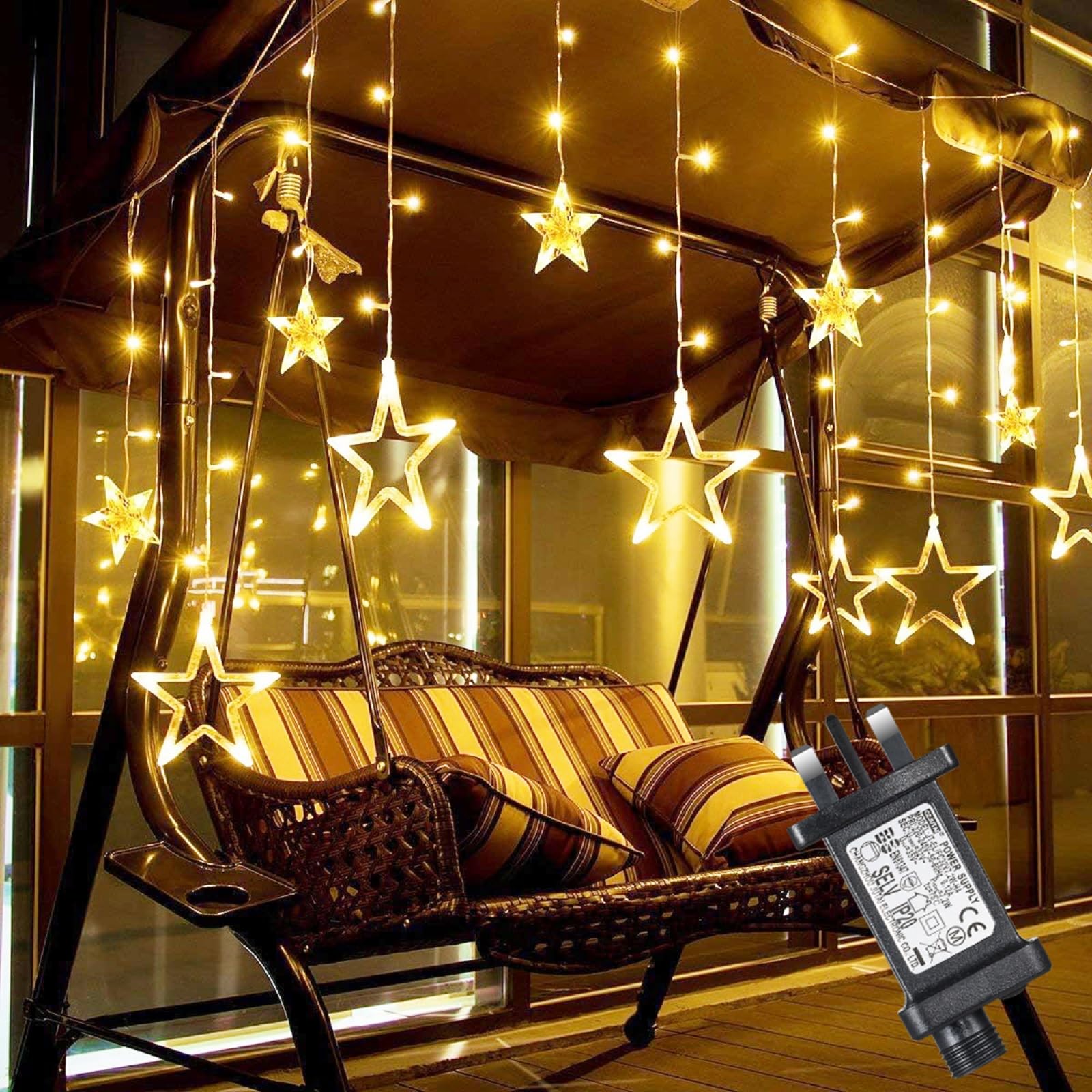Elegear 2M x 0.9M Star Window Lights Mains Powered, Plug in Contectable Curtain Fairy Lights for Christmas, Xmas, Garden, Patio, Wedding, Bedroom, Inodoor Decoration, 138 LED, 12 Stars, Warm White