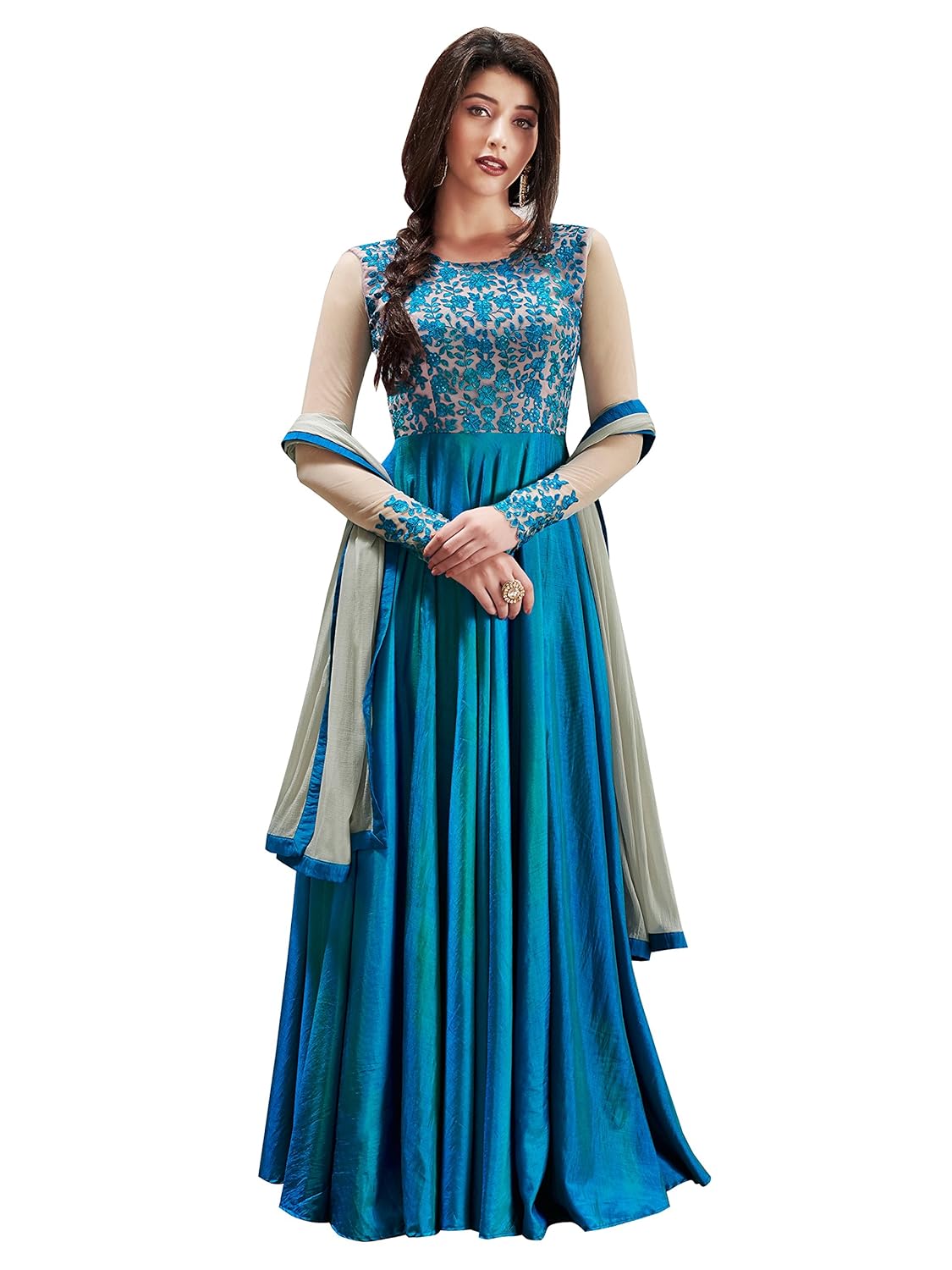 divyansh boutique women's sky blue color anarkali salwar suit and duptta semi stitched