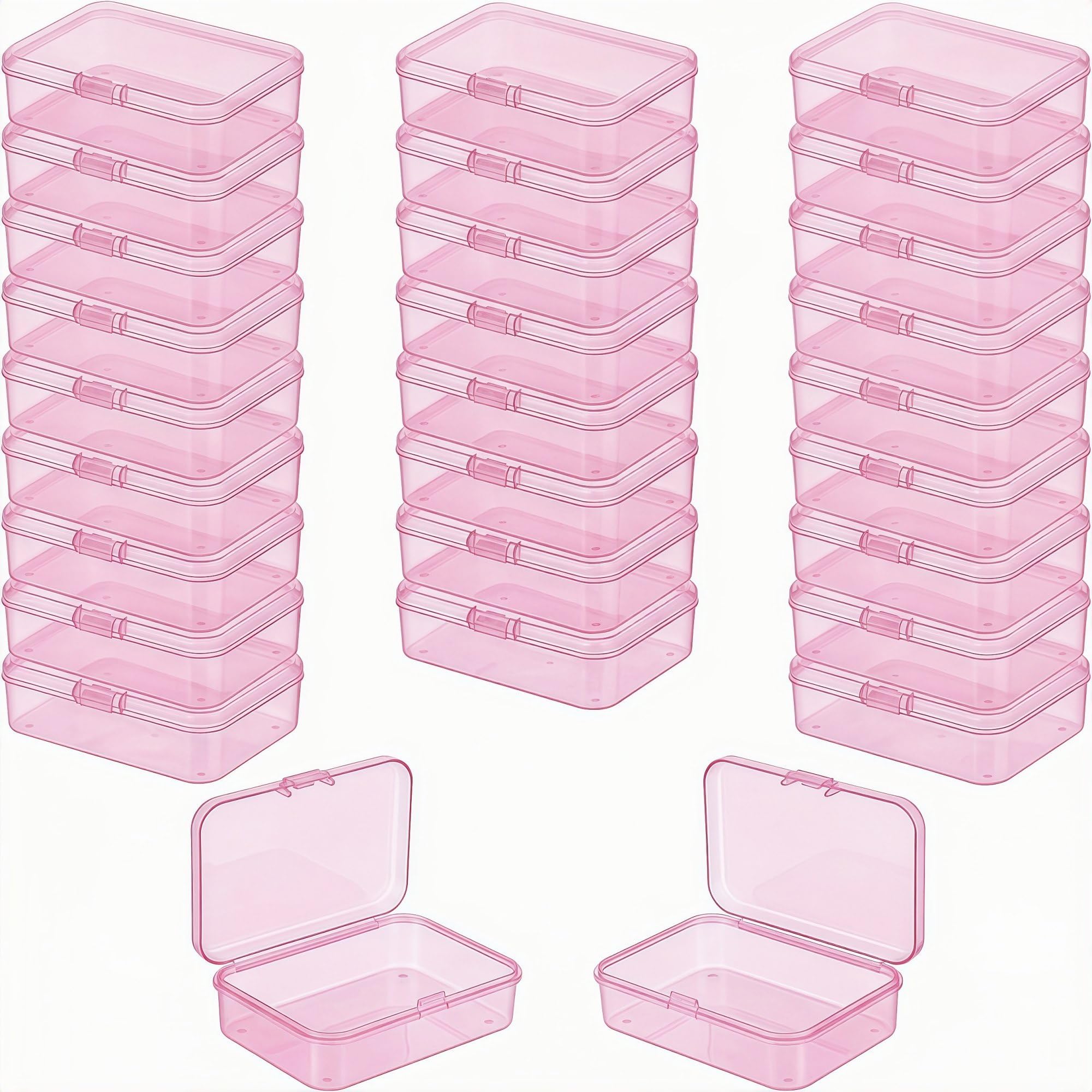LJY 28 Pack Small Plastic Box with Hinged Lid 8.5 x 5.5 x 2.5 cm – Clear Rectangular Small Storage Boxes for Diamond Art Accessories, Beads, DIY Craft Storage and Hardware Organiser (Pink)