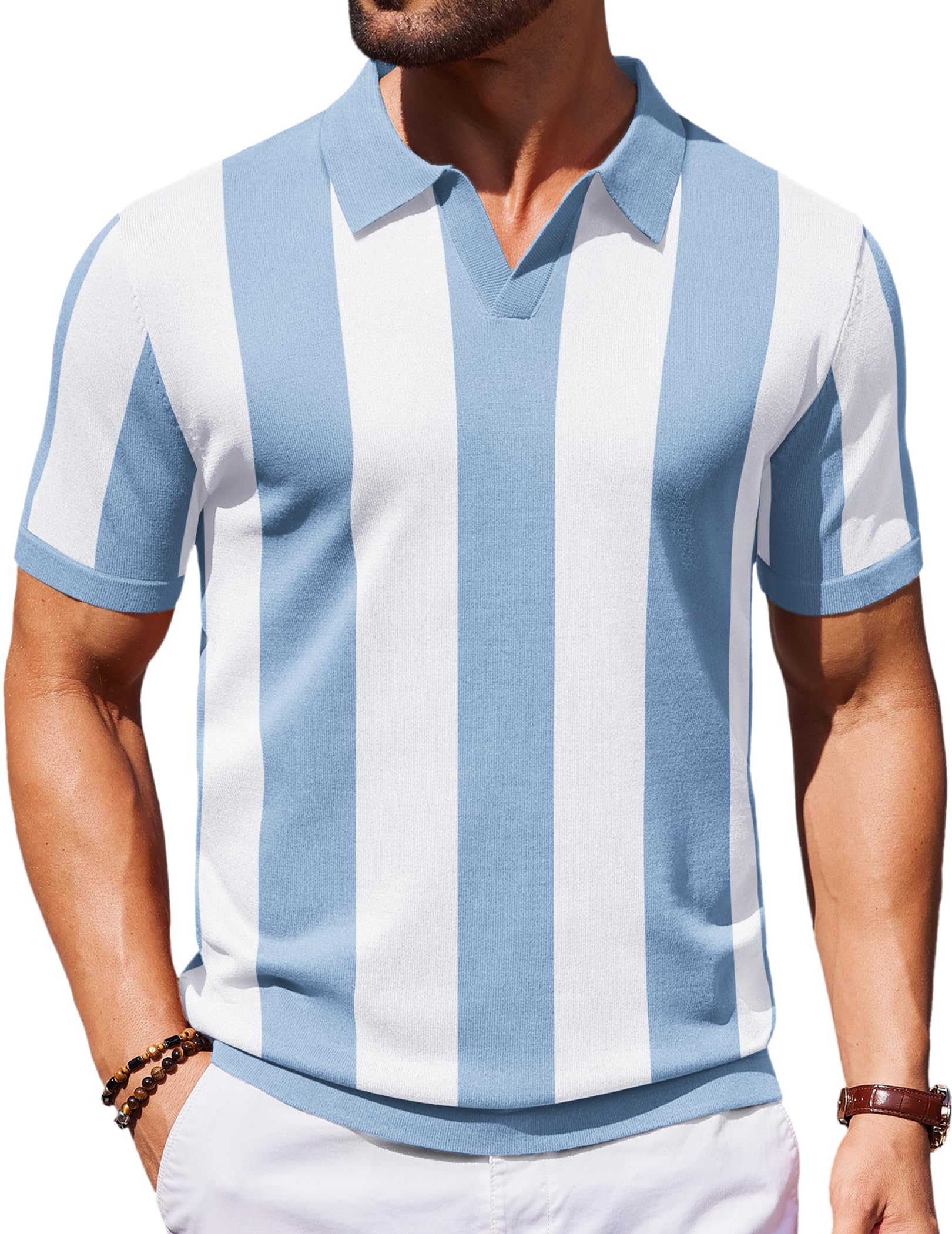 Photo 1 of COOFANDY Mens Polo Shirts Stretch Causal V Neck Vintage Knit Shirt Short Sleeve Old Money Clothes - Size medium