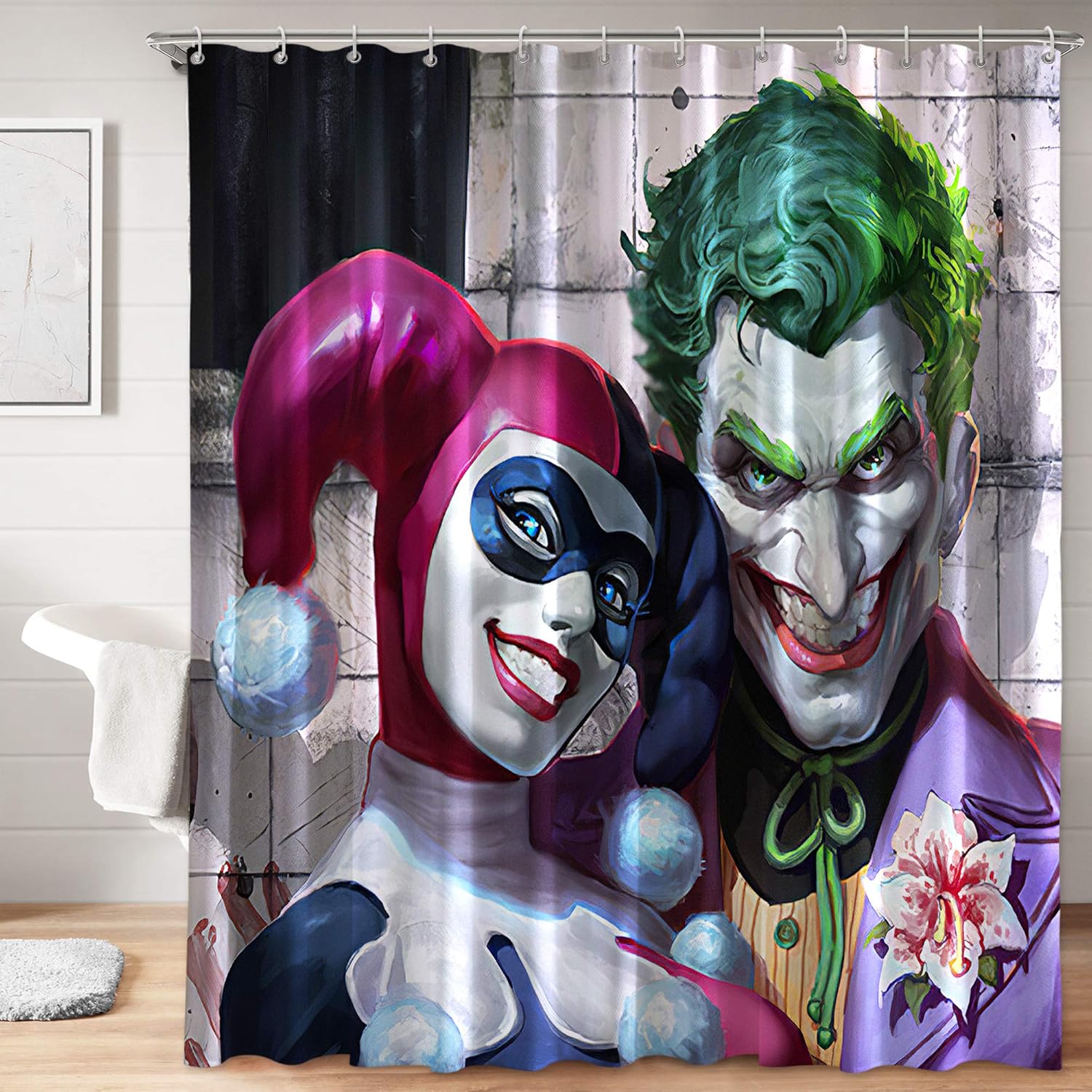 Harley Quinn and Joker Fabric Shower Curtain Set with Hooks