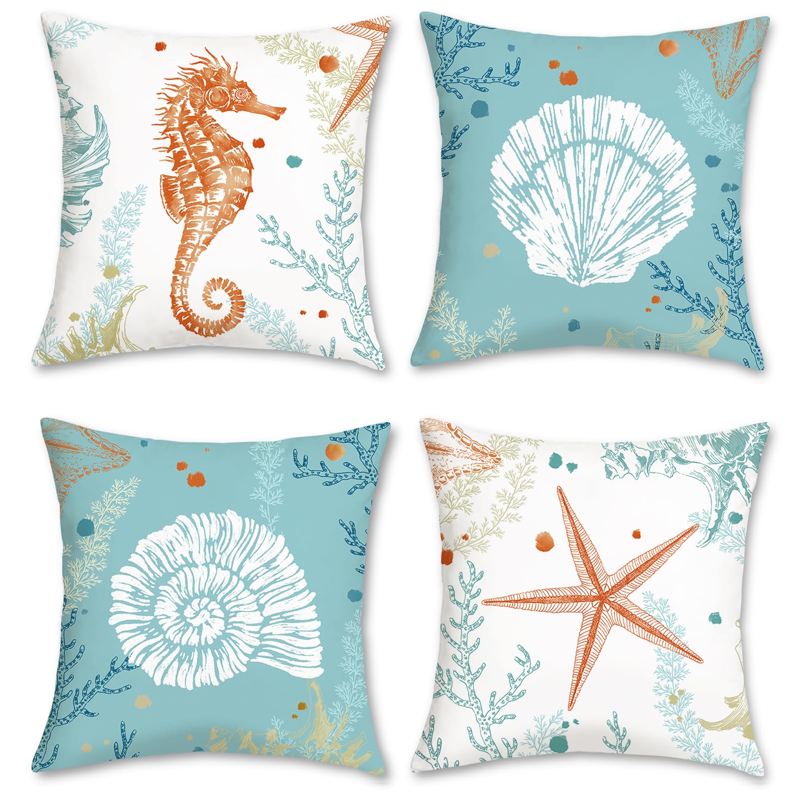 Bonhause Coastal Cushion Covers 45 x 45 cm Double Sided Seahorse Starfish Shell Decorative Blue Throw Pillow Covers for Sofa Bed Patio Home Summer Decor Set of 4
