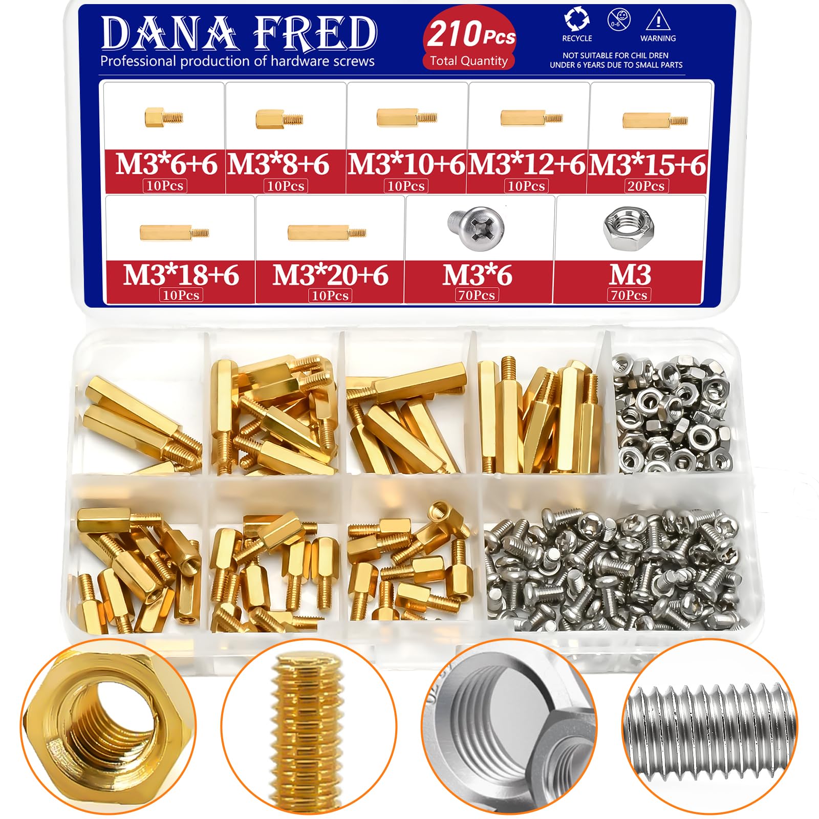 M3 Hex Brass Standoff,210pcs M3 Male Male Board Hexagon Threaded Pillar,Hexagonal PCB Motherboard Spacer Bolt Screw Nut Assortment Kit Mounting for PCB,Computer & Circuit Board