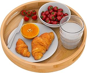 Zhuoyue Round Serving Tray with Handles - Wood Bamboo Decorative Tray for Ottoman, Coffee Table Circle Tray for Food, Cocktail, Drink