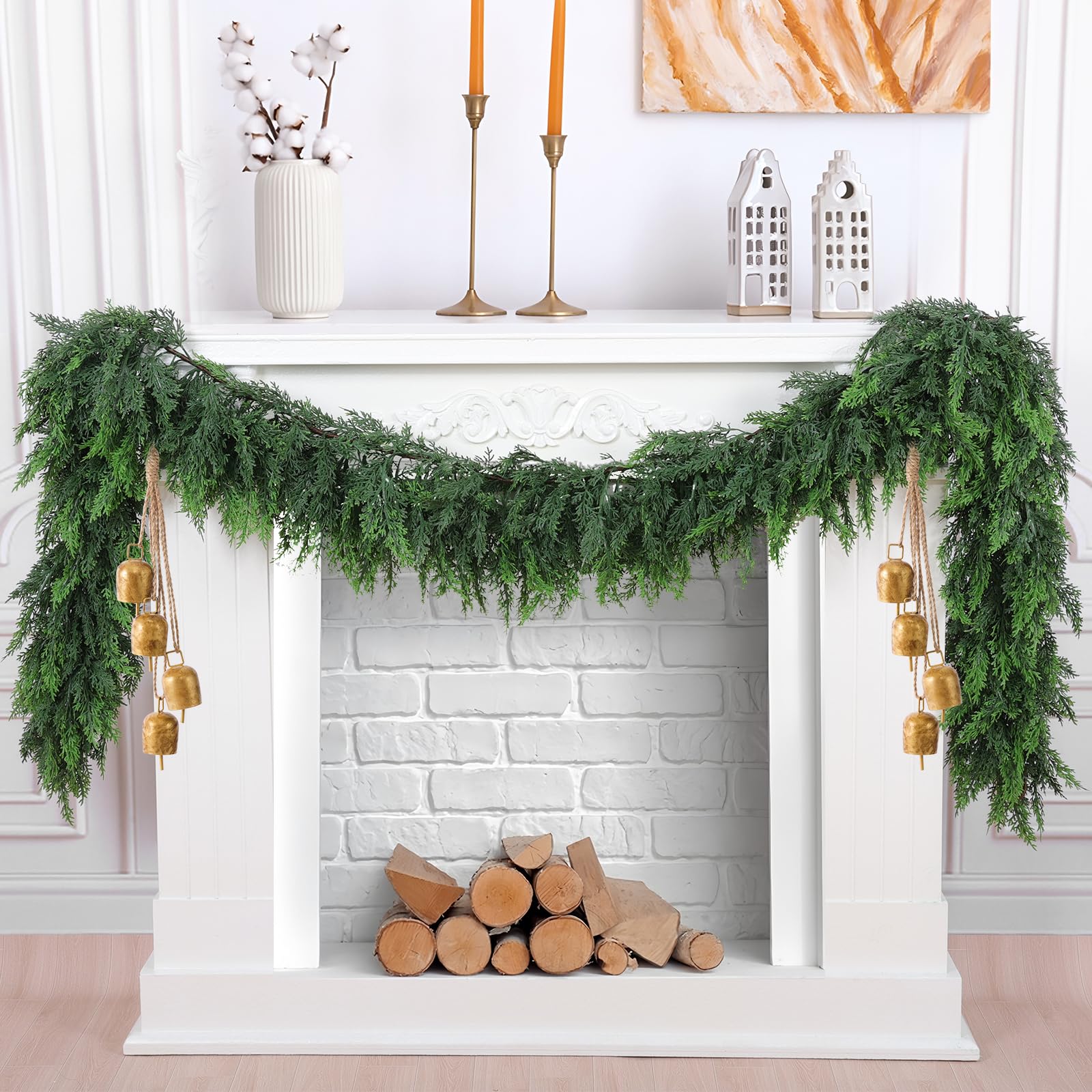 Photo 1 of Hananona 6 FT Artificial Cedar Garlands, Real Touch Winter Cedar Cypress Garland, Green Artificial Greenery Pine Garland for Table, Mantle, Wall, Indoor, Outdoor Christmas Decorations (1, 6 FT)