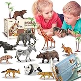 EnAuRoL 31 Pcs Safari Animals Playset with 24 Realistic Plastic Animals Figures, Miniature Animals Toy Suitable for Cake Topp