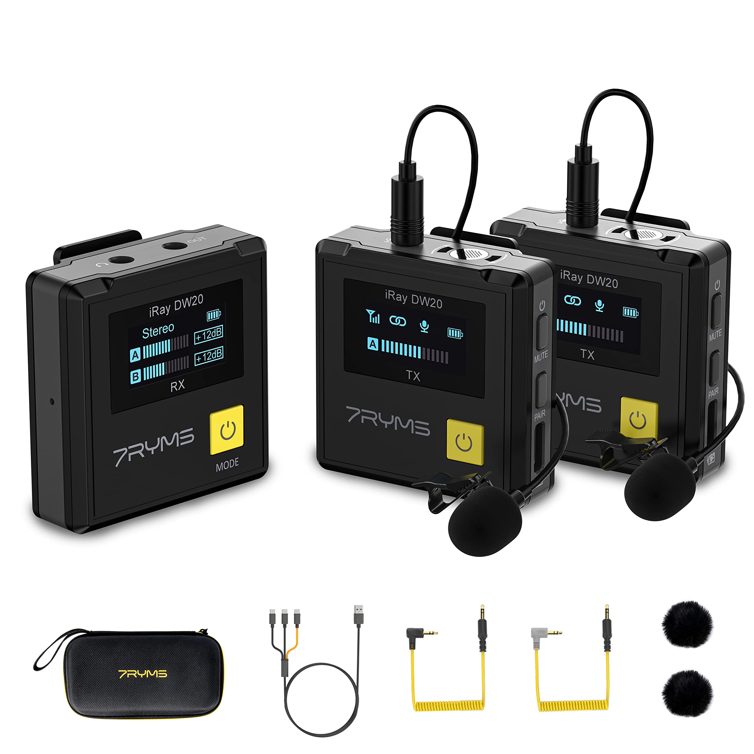 7RYMS iRay DW20 Wireless Lavalier Microphone with Hi-Fi Audio, 656ft Transmissio, Safety Mode, LCD Display, Wireless Microphone System for DSLR Camera/Camcorders/iPhone/Android/PC/Live Streaming